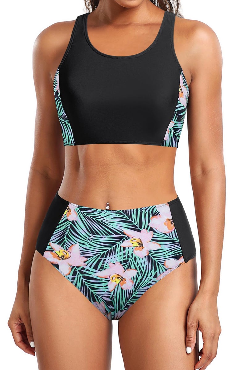 Tempt Me Women Two Piece Black Floral High Waisted Bikini Set Sporty Swimsuits Bathing Suit with Bottom for Teen Girls S - Image 5